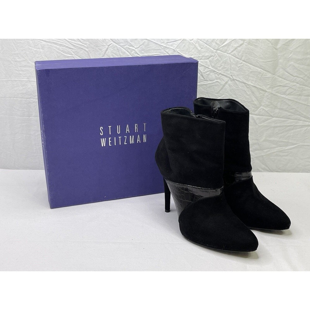 Stuart Weitzman For Scoop NYC Black Suede Crocodile Stiletto Heel Booties Size 9